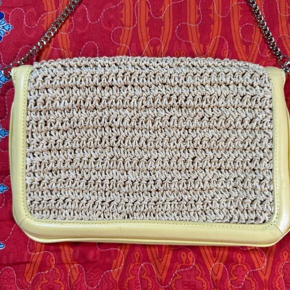 Talbots Yellow Woven Straw Leather Crossbody Purse Clutch Chain Strap Gold Clasp - Picture 3 of 16